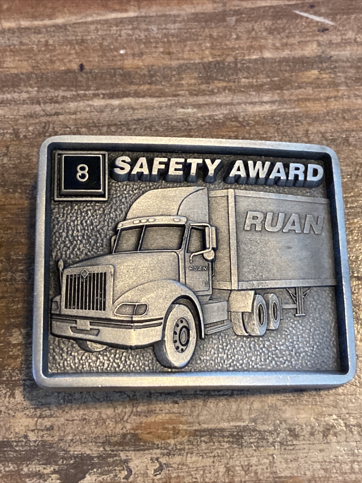 2 Vtg Ruan Semi Trucking Pewter Belt Buckle Made in USA 3 & 8 Year Safety Award