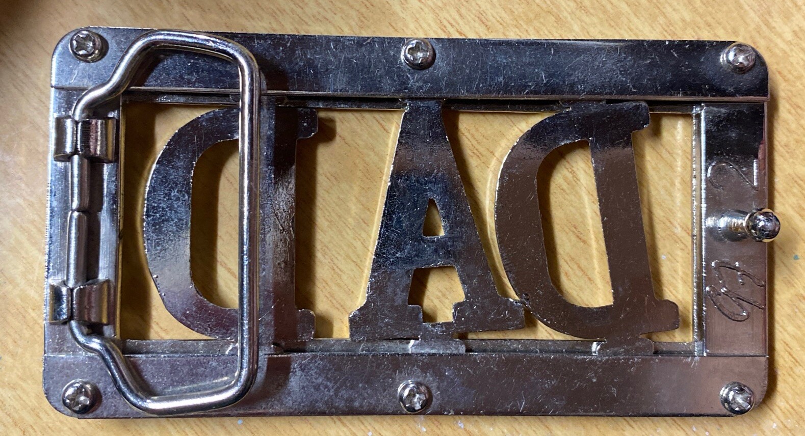 Vintage DAD Silver Metal Belt Buckle Chrome Spellout 1990’s