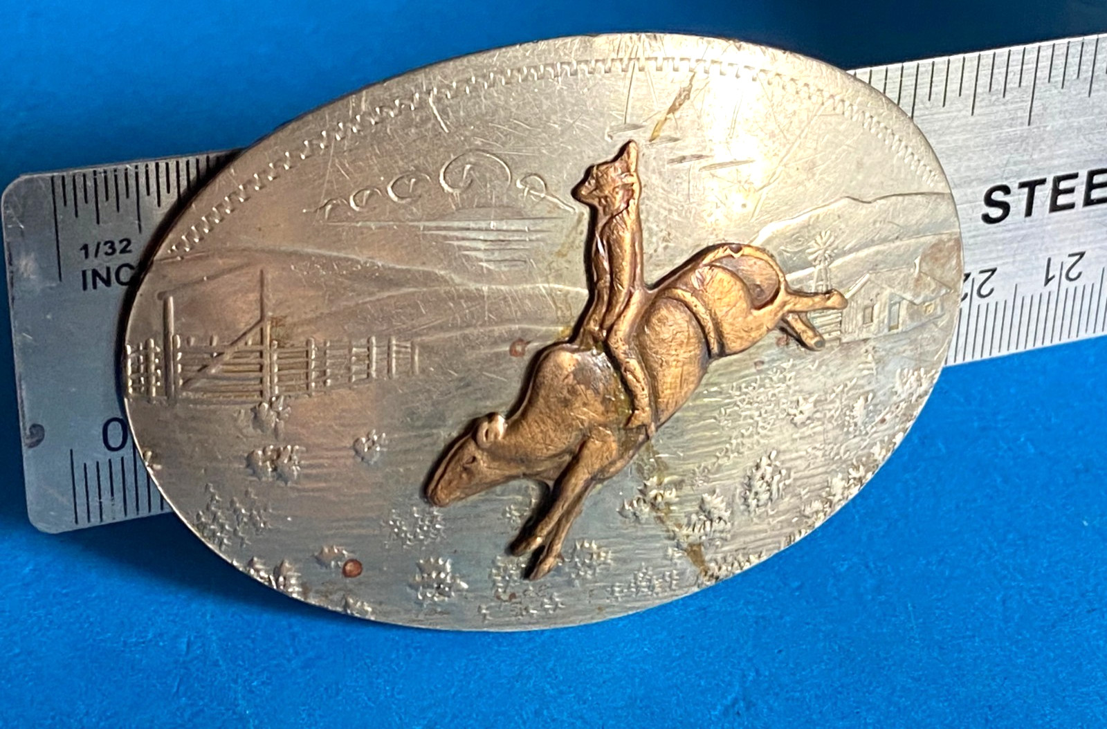 Vintage German Silver Western Cowboy Bull rider Rodeo Belt Buckle