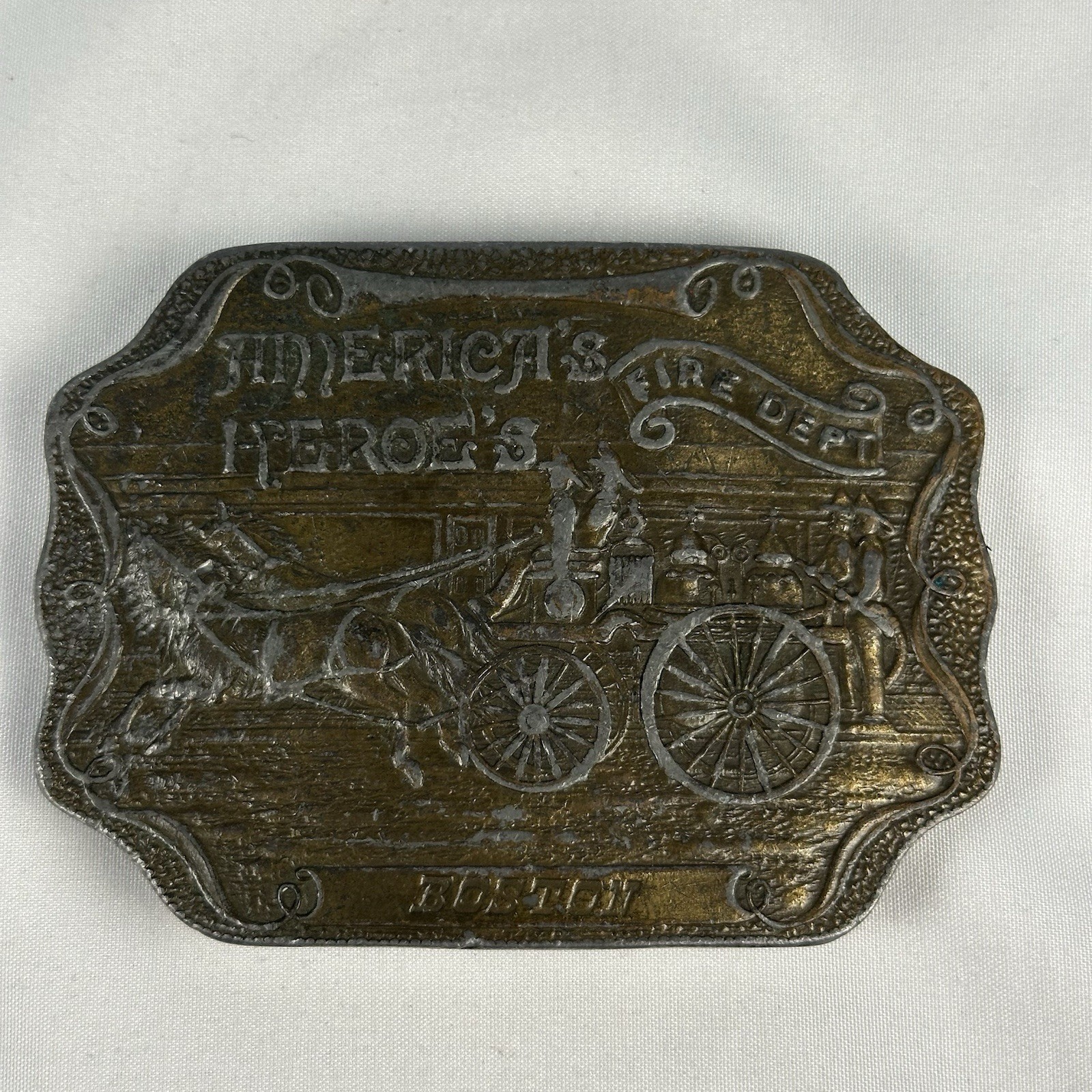 Vintage Bergamot Brass Works America’s Heroes Fire Dept Boston Brass Belt Buckle
