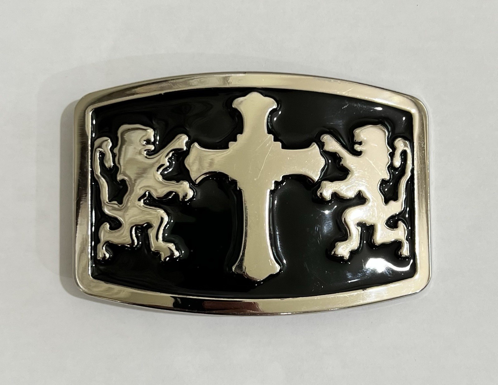 Mens Belt Buckle Black Silver With Double Lions and Cross 4×3” Vintage