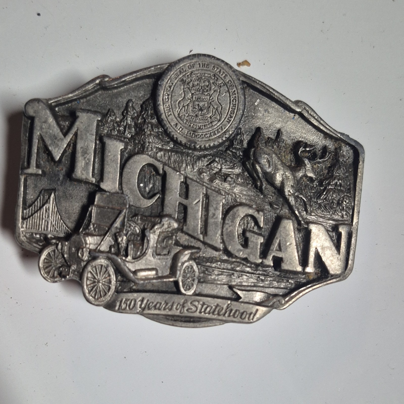 Lot of 3 Michigan 150 Years Statehood Limited Edition Silver Belt Buckles 1.5&Prime;