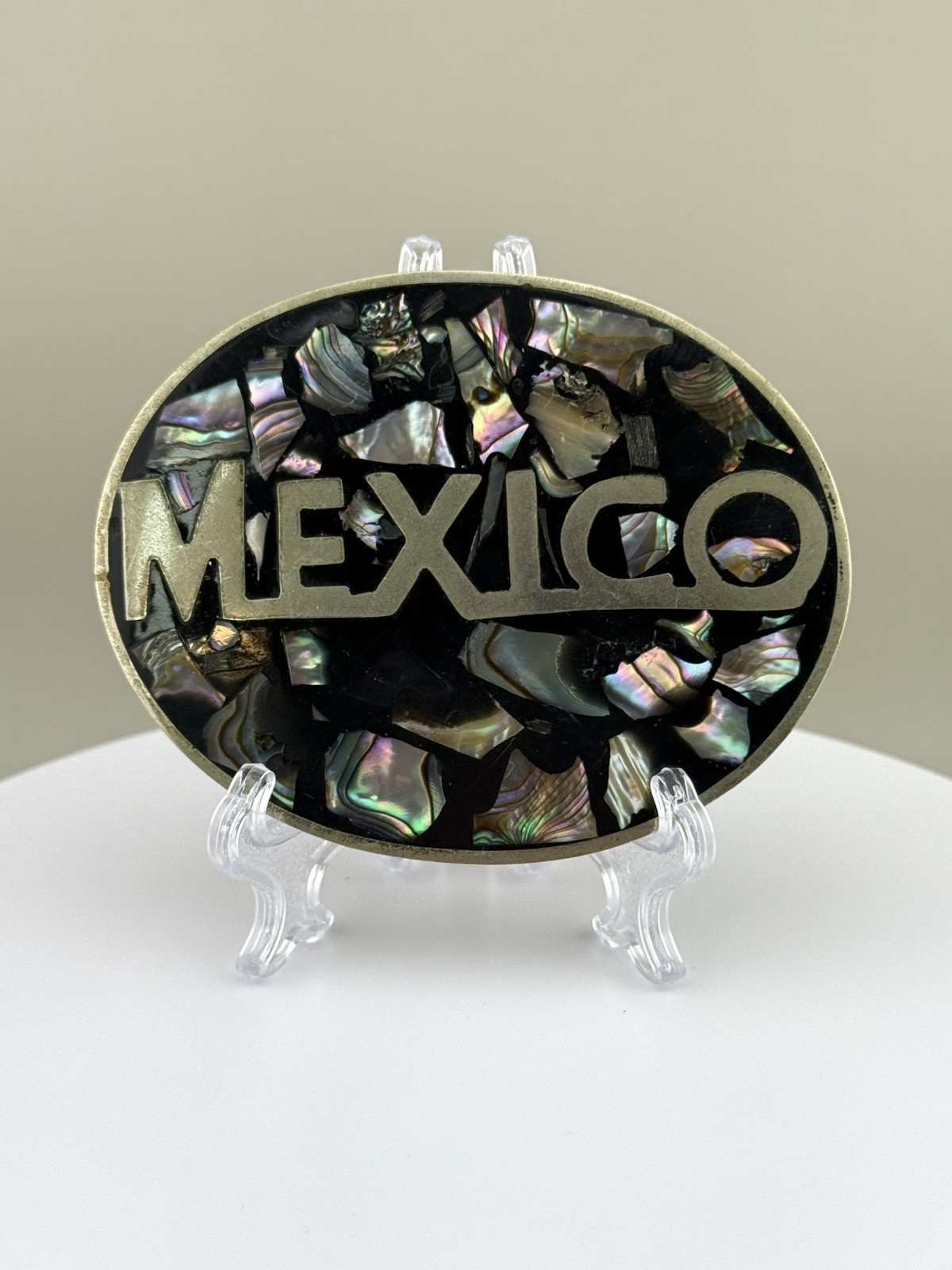 Mexico Abalone Mosaic Belt Buckle Oval Iridescent Inlay 1970s