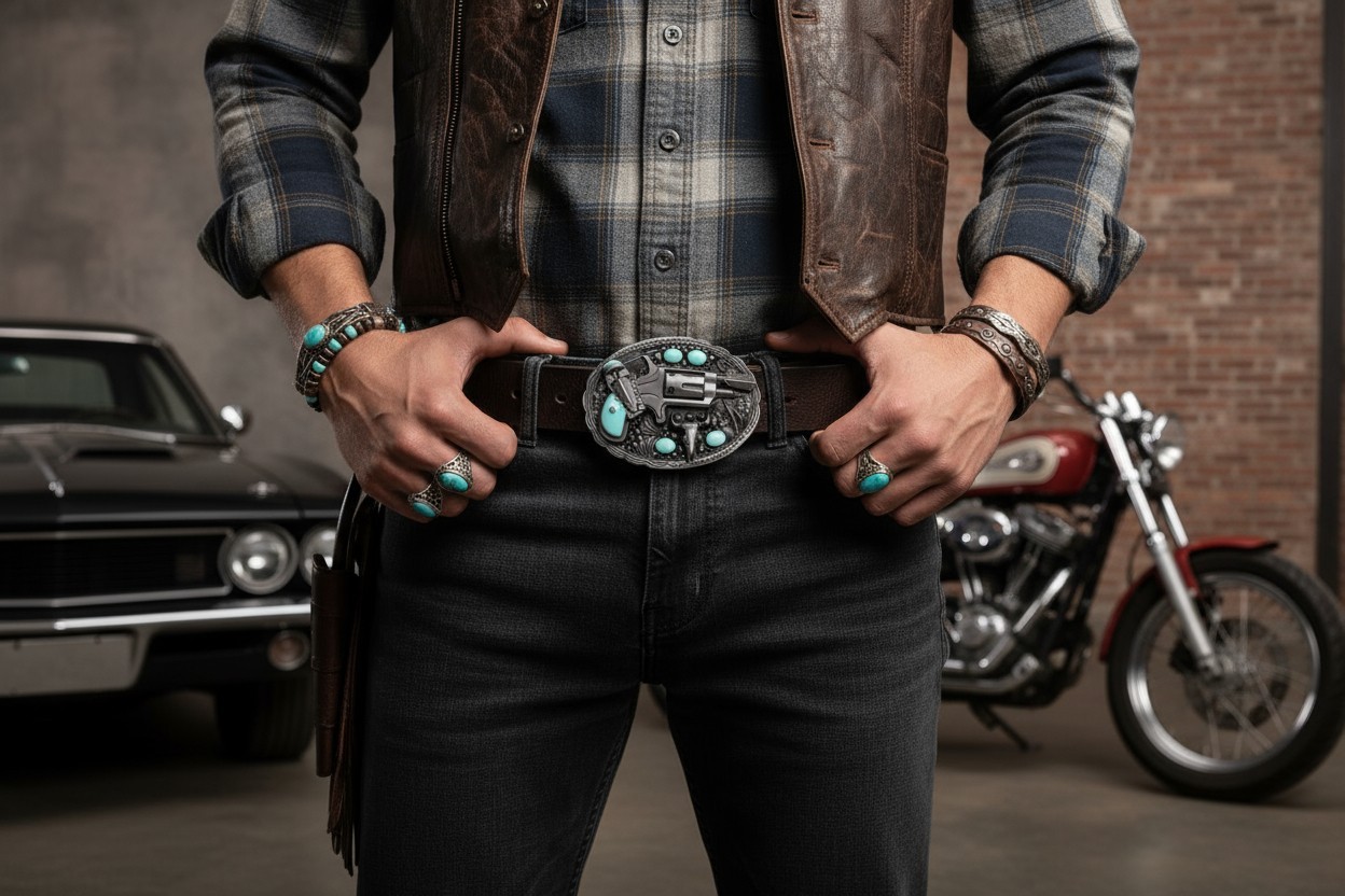 Men Western Buckle Dark Silver Metal Revolver Pistol Gun Feather Bull Turquoise