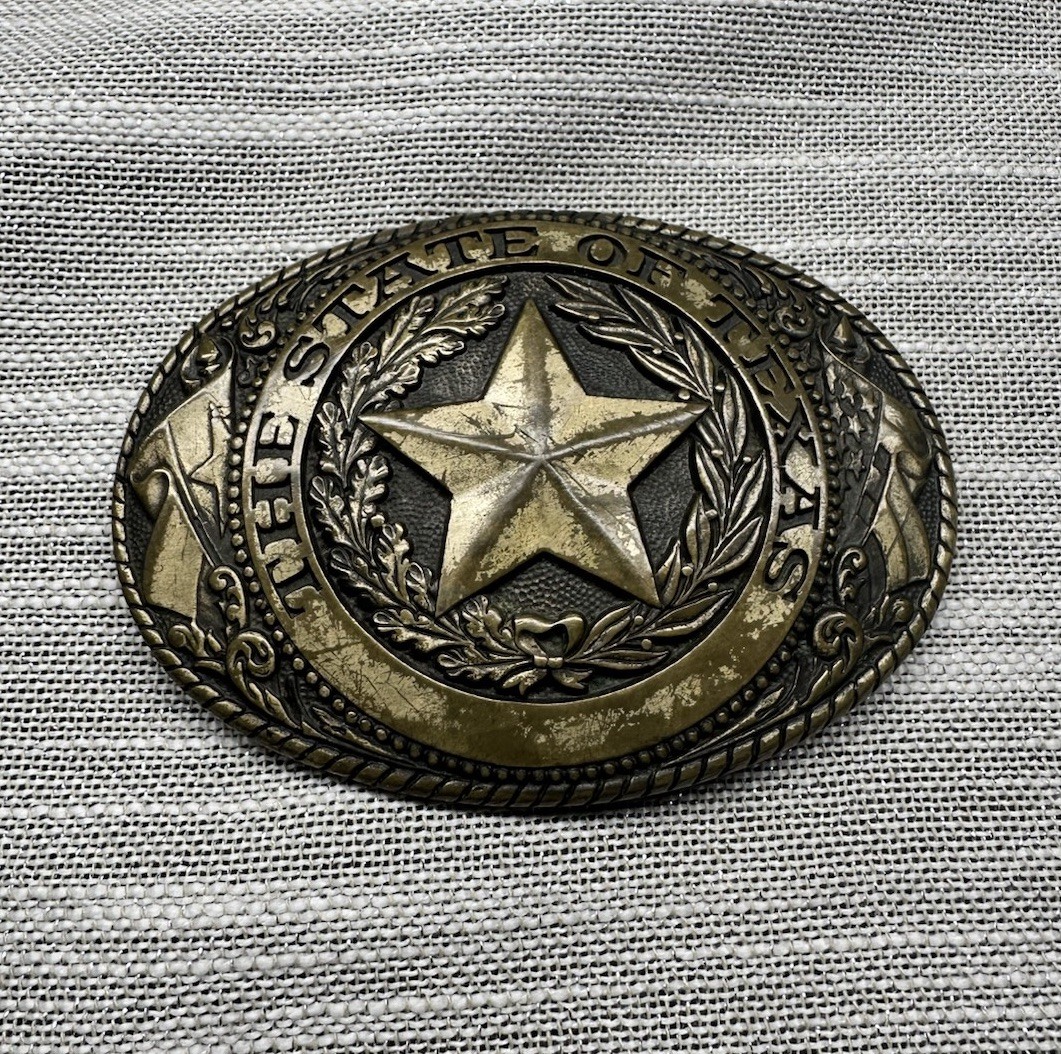 vintage STATE OF TEXAS belt buckle TONY LAMA lone star WESTERN Rodeo BRASS
