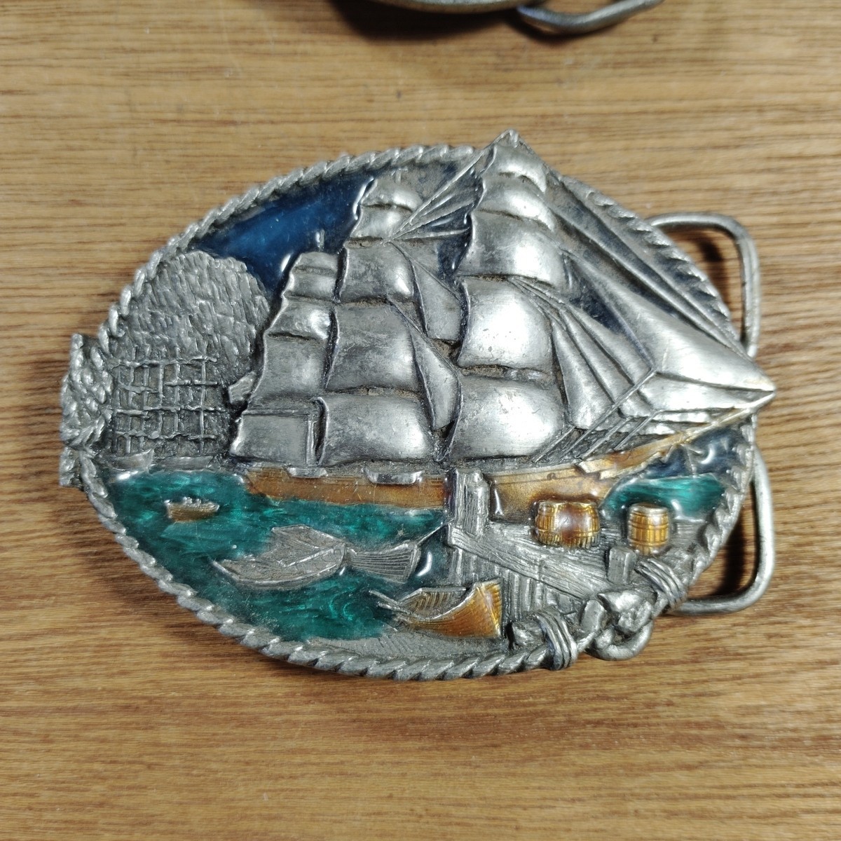 TWO Vintage Bergamot Brass Works Sailing Ship Belt Buckle Kipling 1980&rsquo;s USA