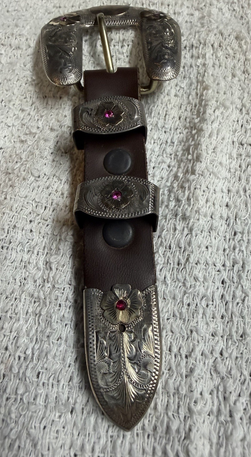 Vogt Sterling Silver 14K Gold Ruby Engraved Western Floral Belt Buckle 1.5 in