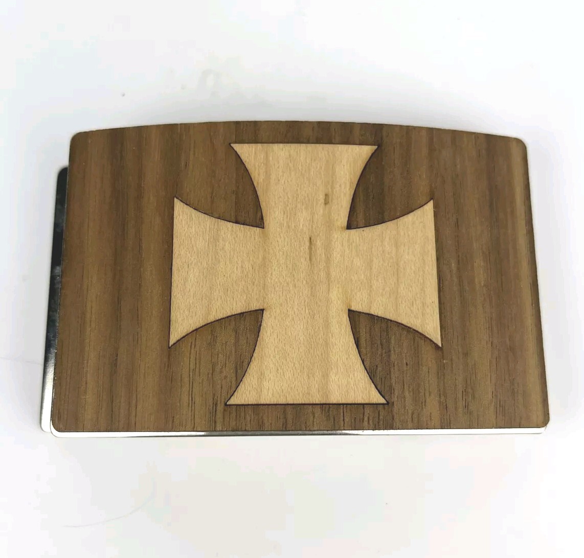 Iron Cross Belt Buckle Hand Crafted 2 Tone Wood Inlay Over Metal 3 3/4&Prime; X 2 3/8&Prime;