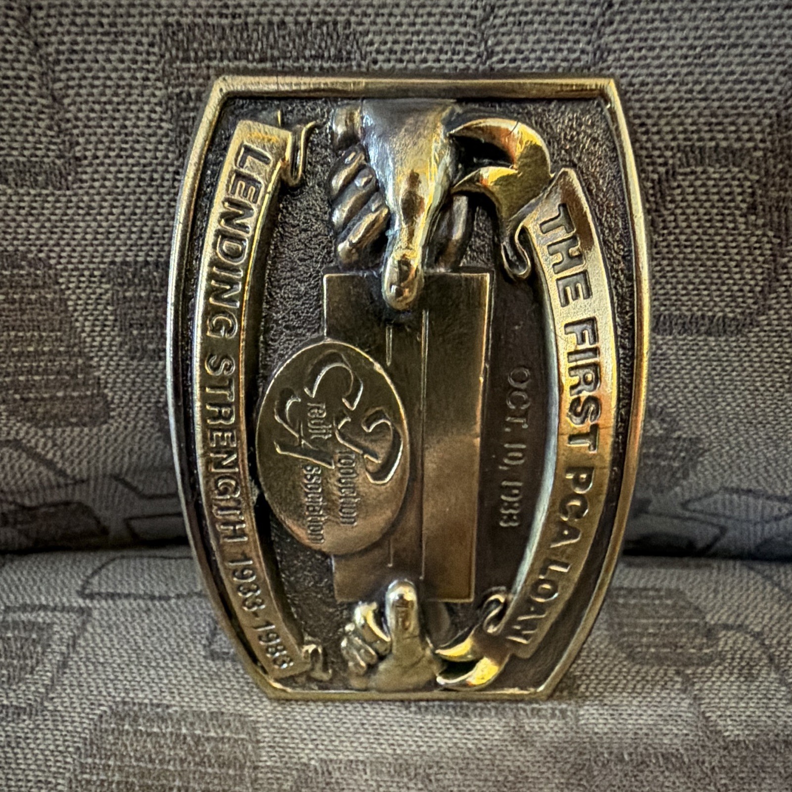 Western Metal Bull Belt Buckle « The First PCA Loan » 1933-1983, 1.5in