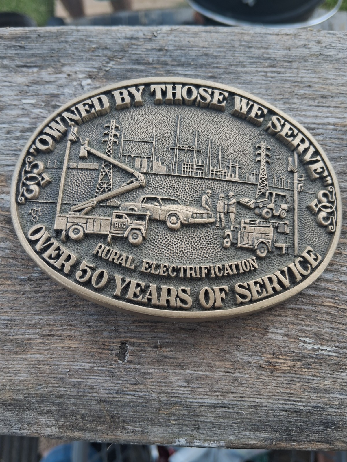 Rural Electrification 50+ Years of Service Solid Brass Oval Western Buckle 1.75&Prime;