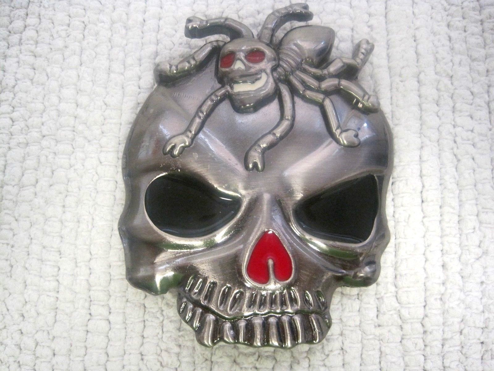 Folk Art Chrome Colored Skull w/Eight Legged Spider Belt Buckle 3&Prime; x 3 3/4&Prime;