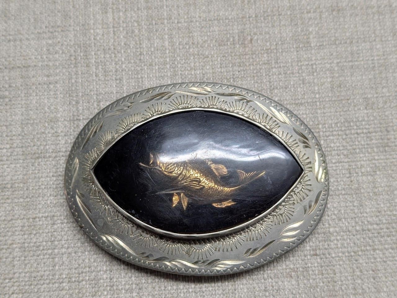 vintage HANDCRAFTED belt buckle FISHING western jewelry BASS german silver