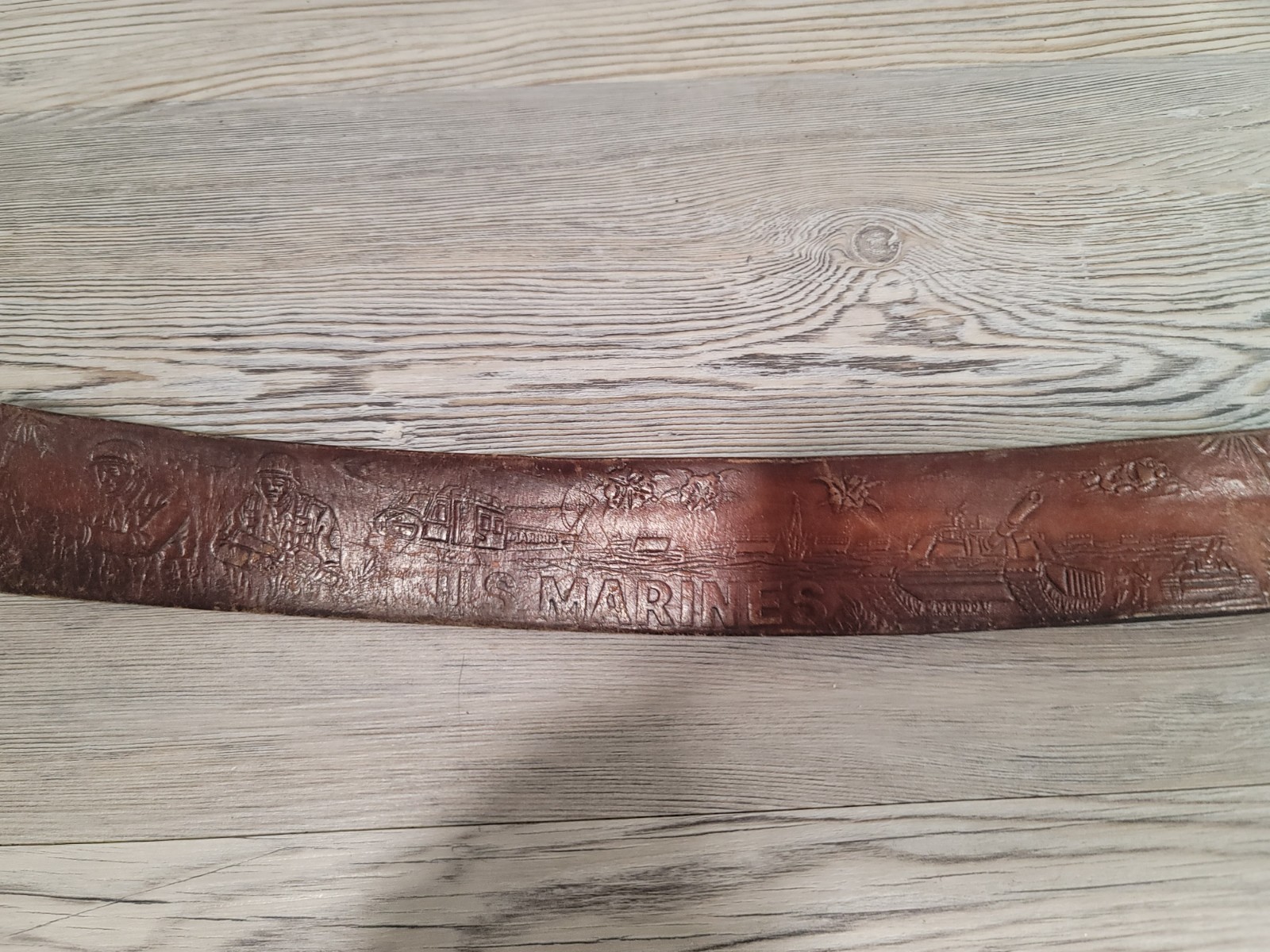 Marines belt buckle leather belt 45in used USMG first to fight