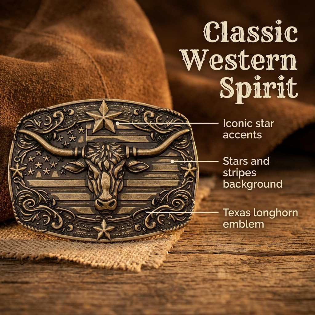 Western Cowboy Belt Buckle for Men, Cowgirl Longhorn Bull Belts Buckles Texas