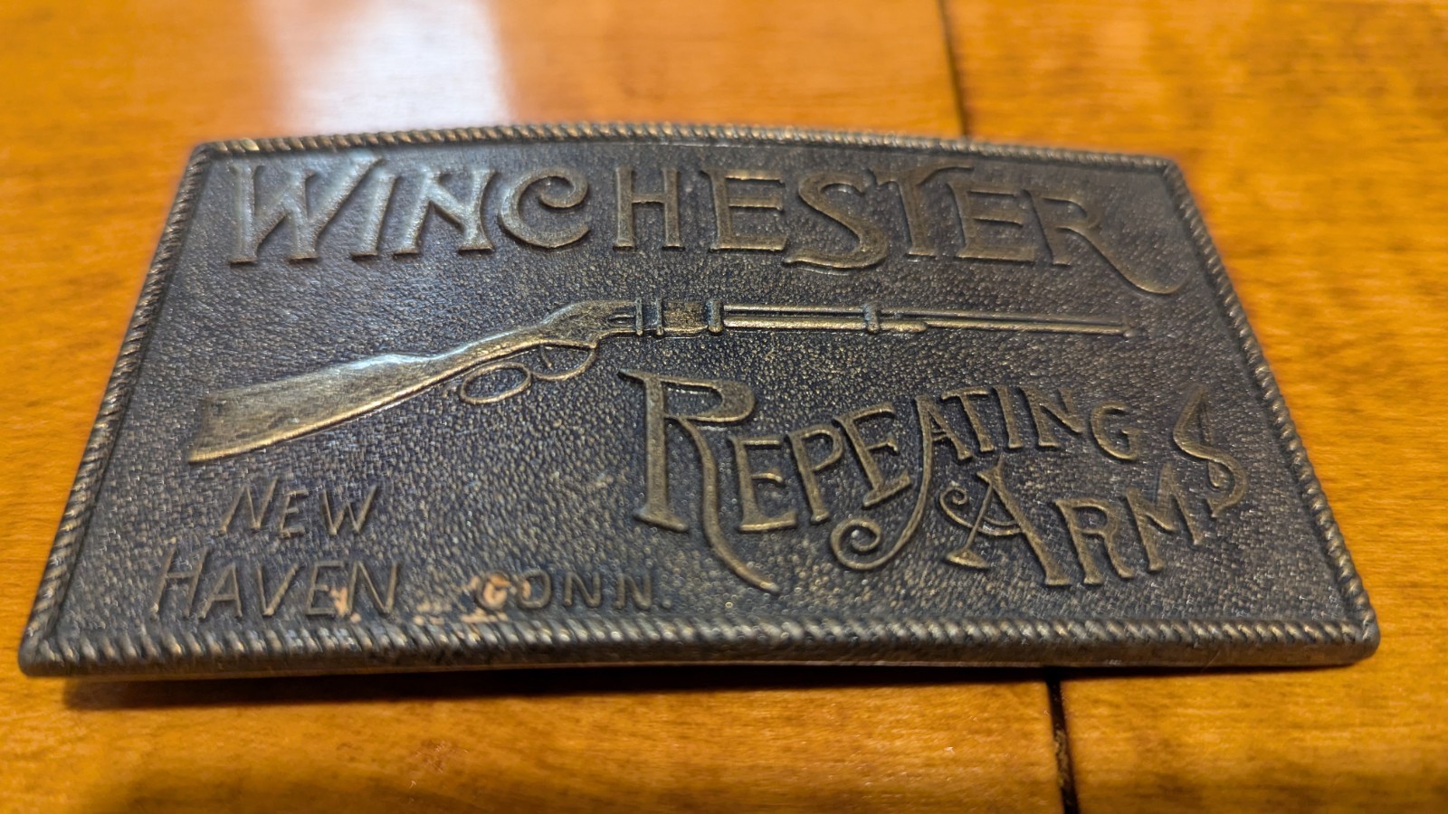 Vintage Winchester Repeating Arms Belt Buckle Brass Rifle Lewis Buckles 1970s