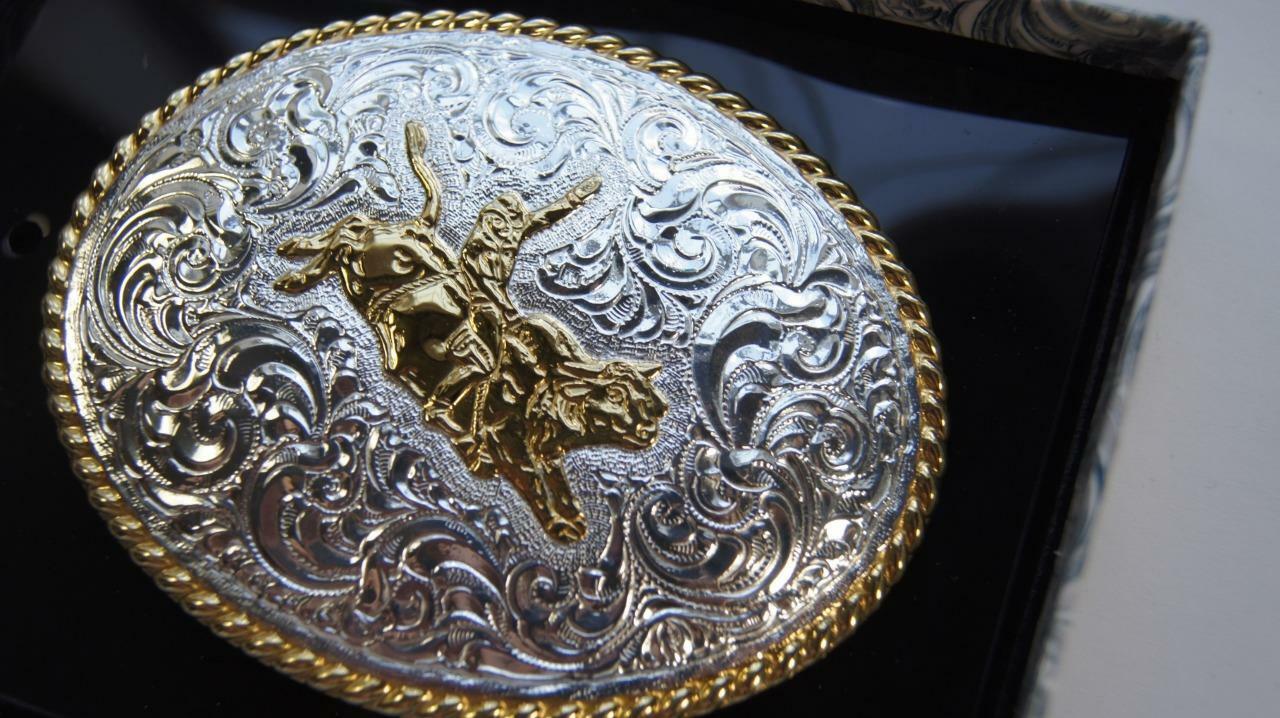 CRUMRINE Belt Buckle BULL RIDER M&F Western silver and gold tone c06150