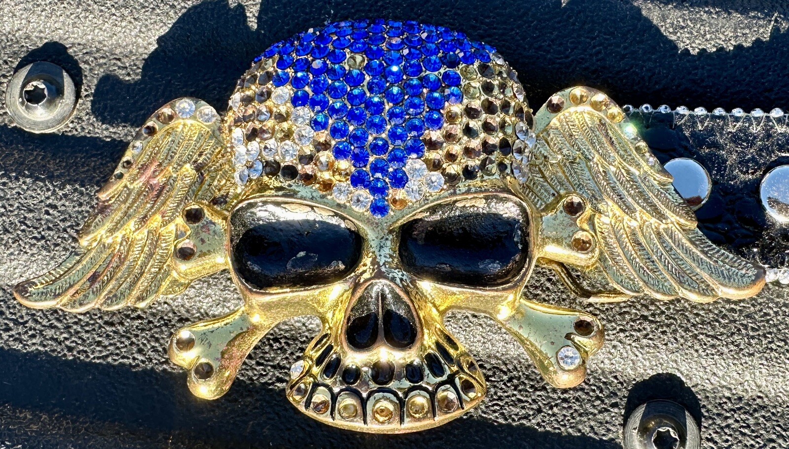 Skull covered in Clear & Blue Rhinestones Belt & Belt Buckle,Missing Some Stones