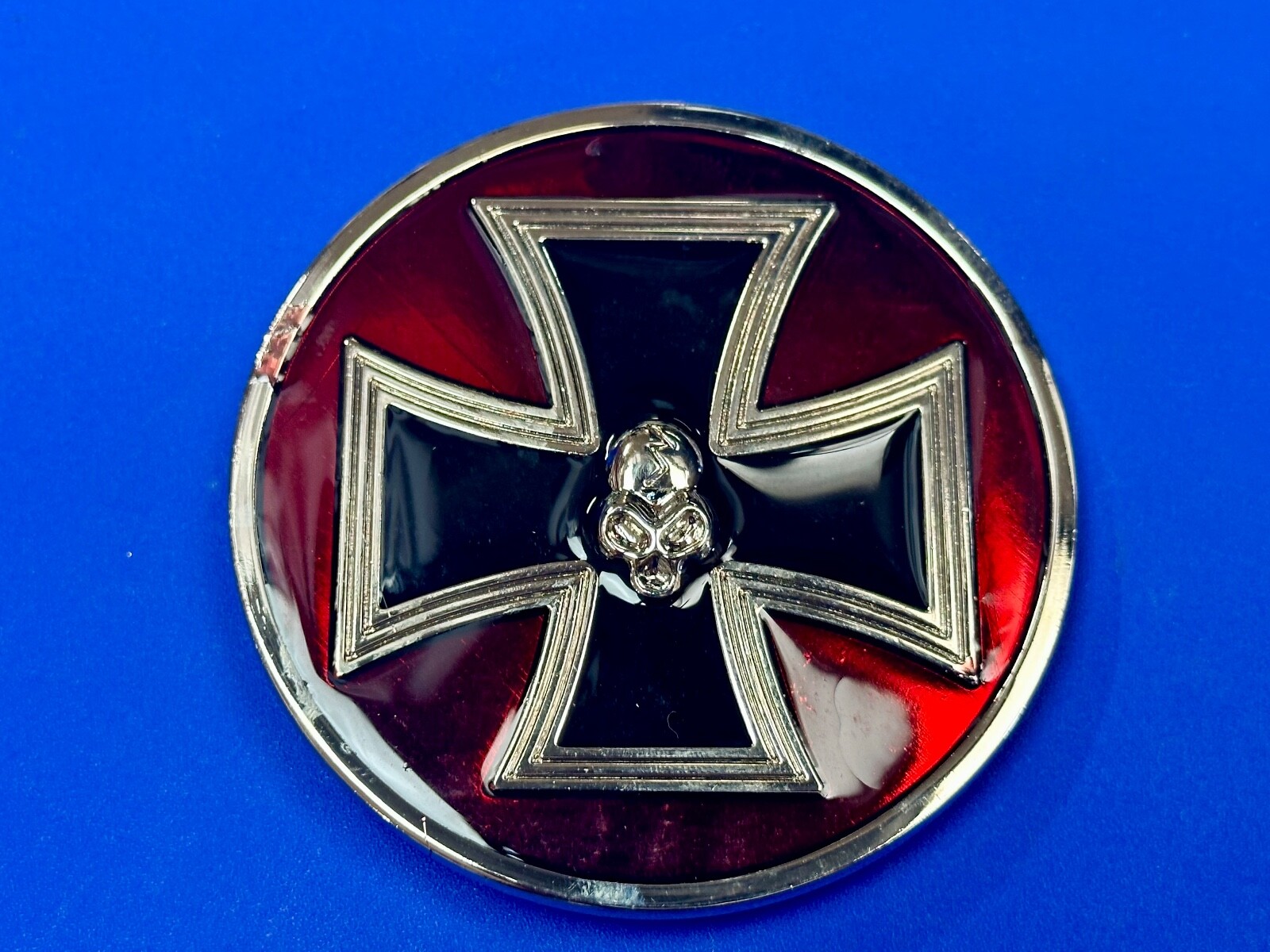 Enamel Round Iron Maltese Cross With Centered Silver Color Skull Belt Buckle