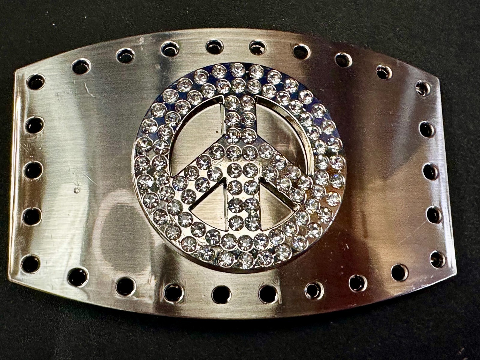 Jeweled Peace Sign Studded Rhinestone Silver Tone Belt Buckle W/ Hole Border