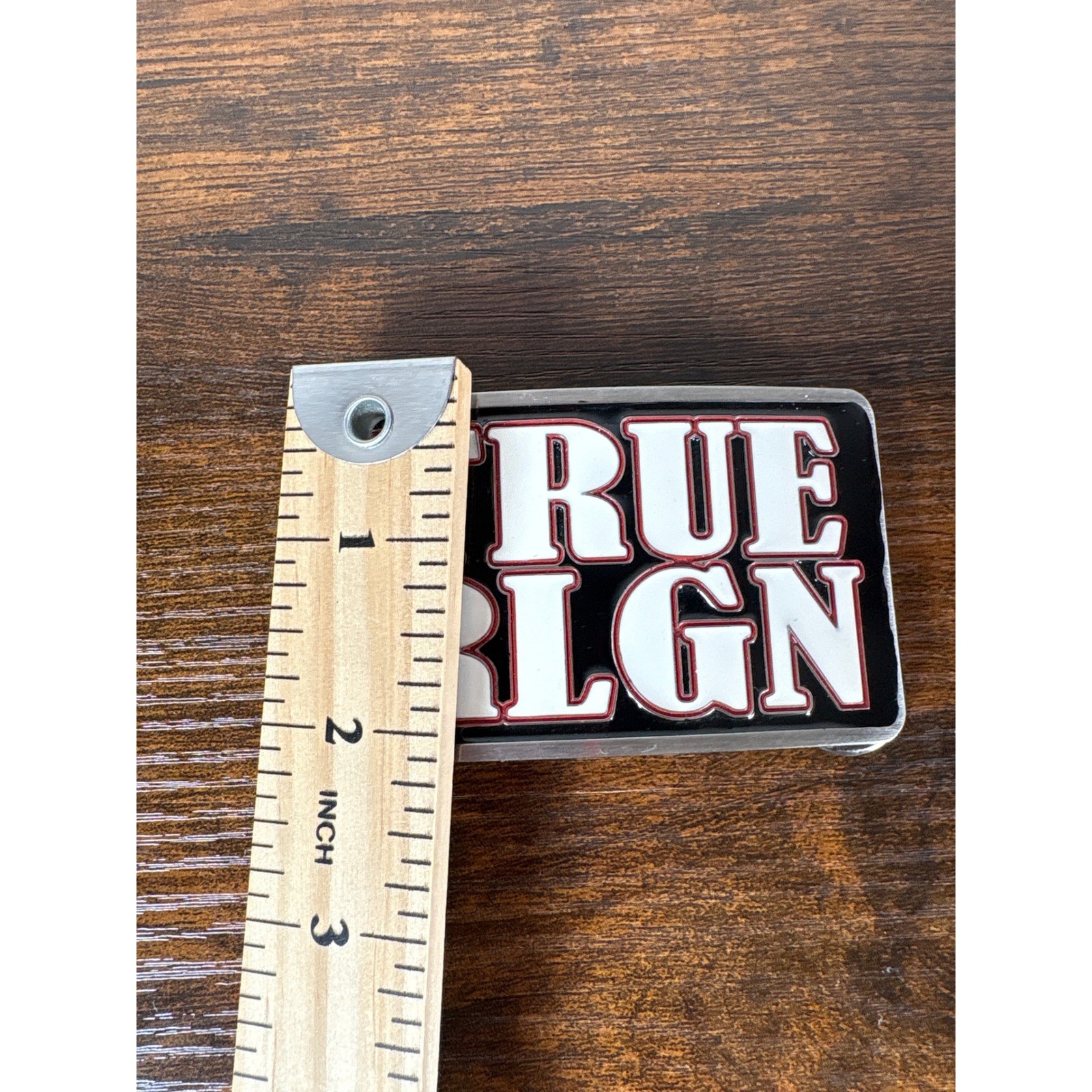 True Religion Mens Belt Buckle Silver Black Red White TRUE RLGN Logo Rectangular