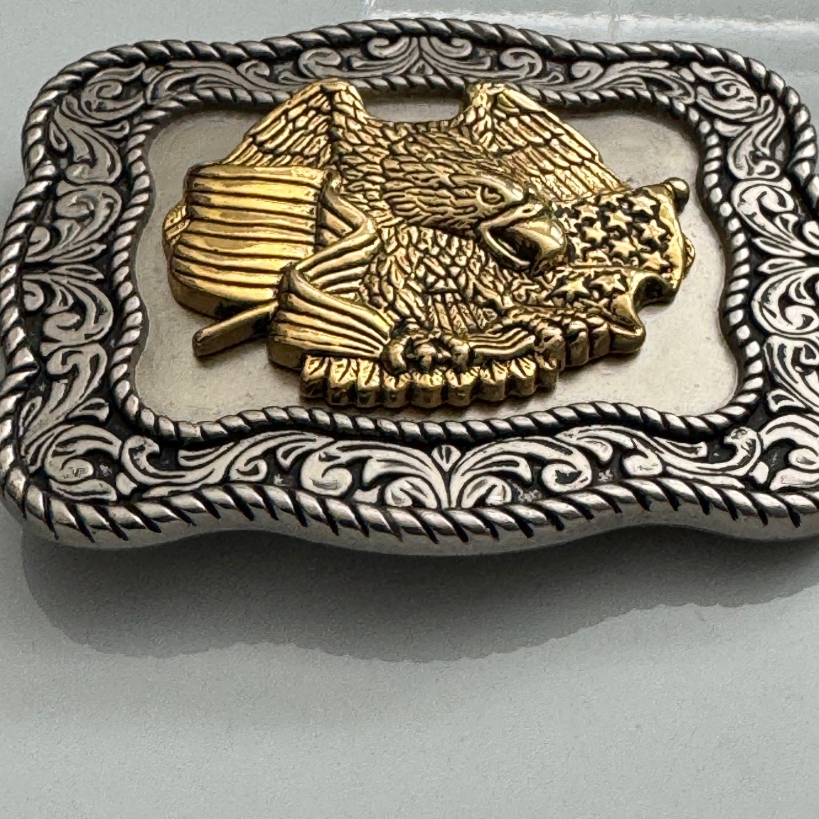 Western Eagle American Flag Belt Buckle Silver Gold Tone Metal Made in Mexico