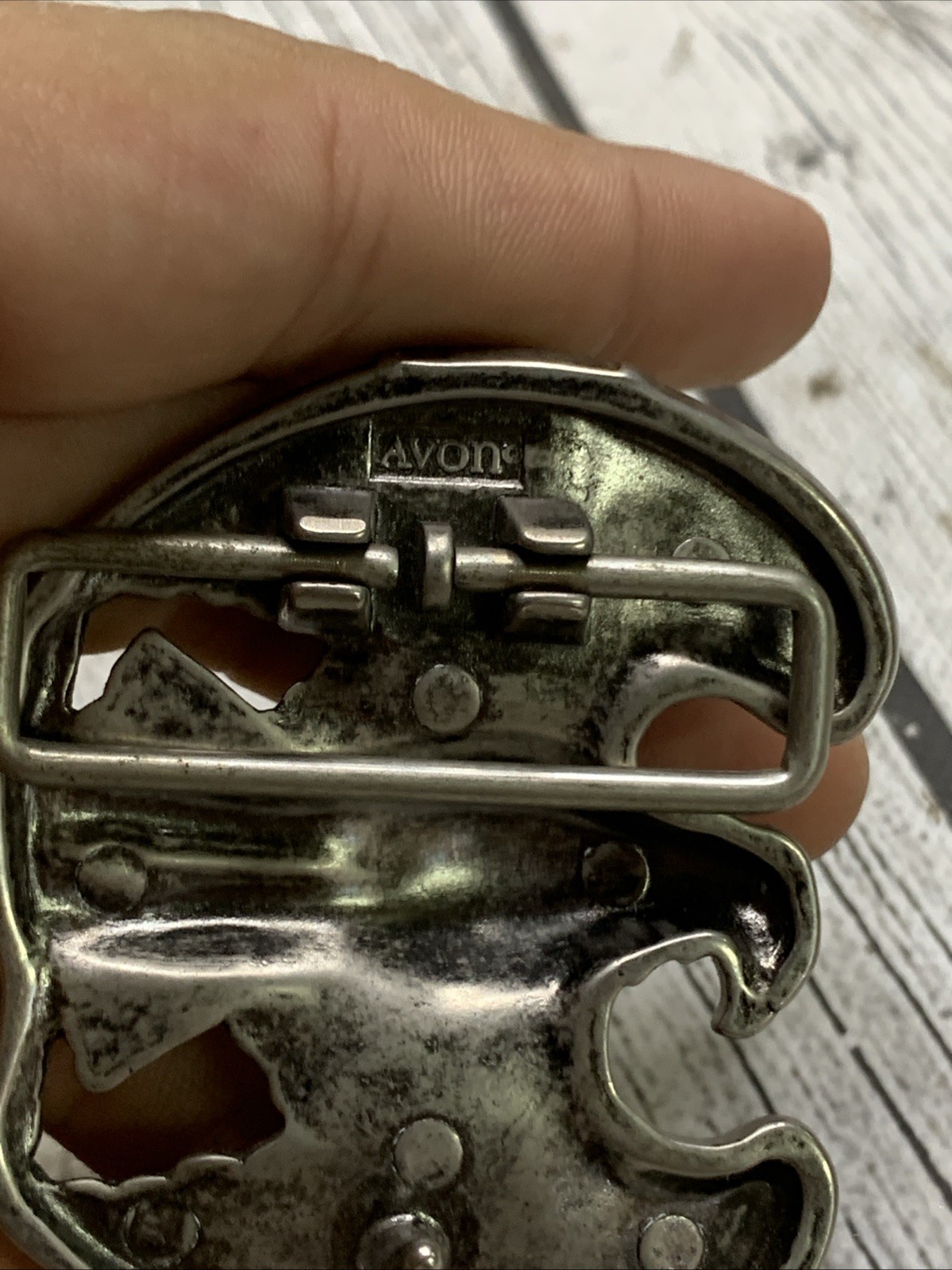 Vintage AVON Signed Pewter Tone American Eagle 1980s Belt Buckle Patriotic