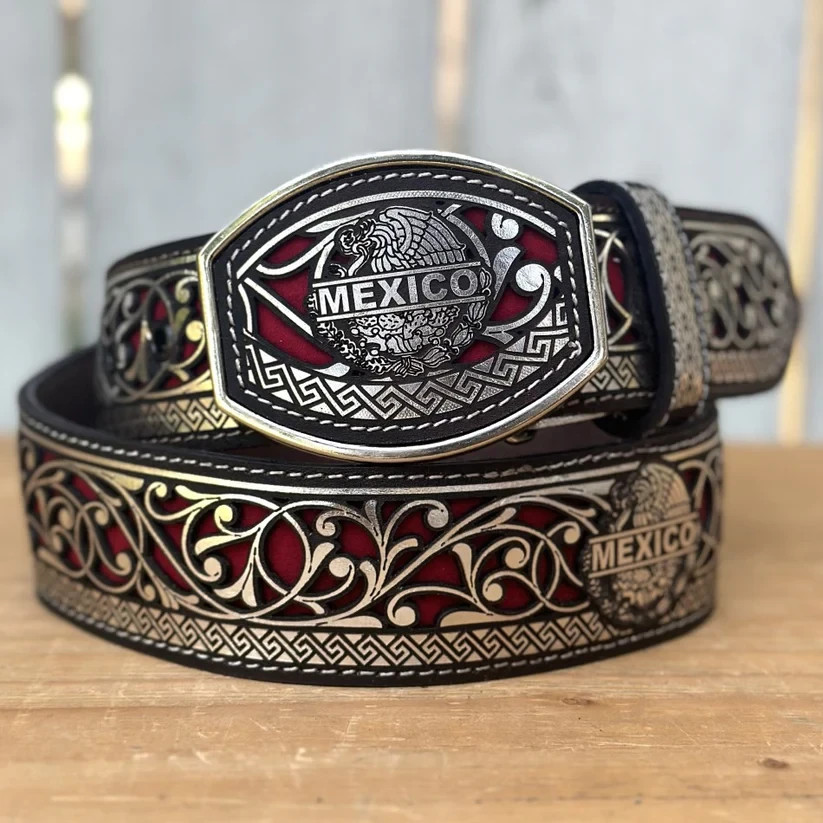 Genuine Laser Cut Leather Mexico Western Belt with Removable Buckle – Silver