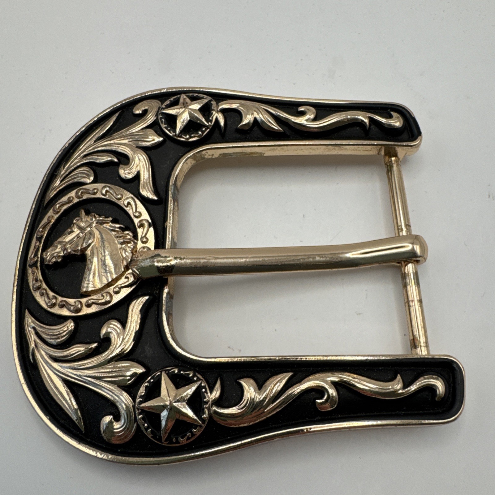 Western Belt Buckle Two Tone Gold Black Horse Stars Rodeo Wear