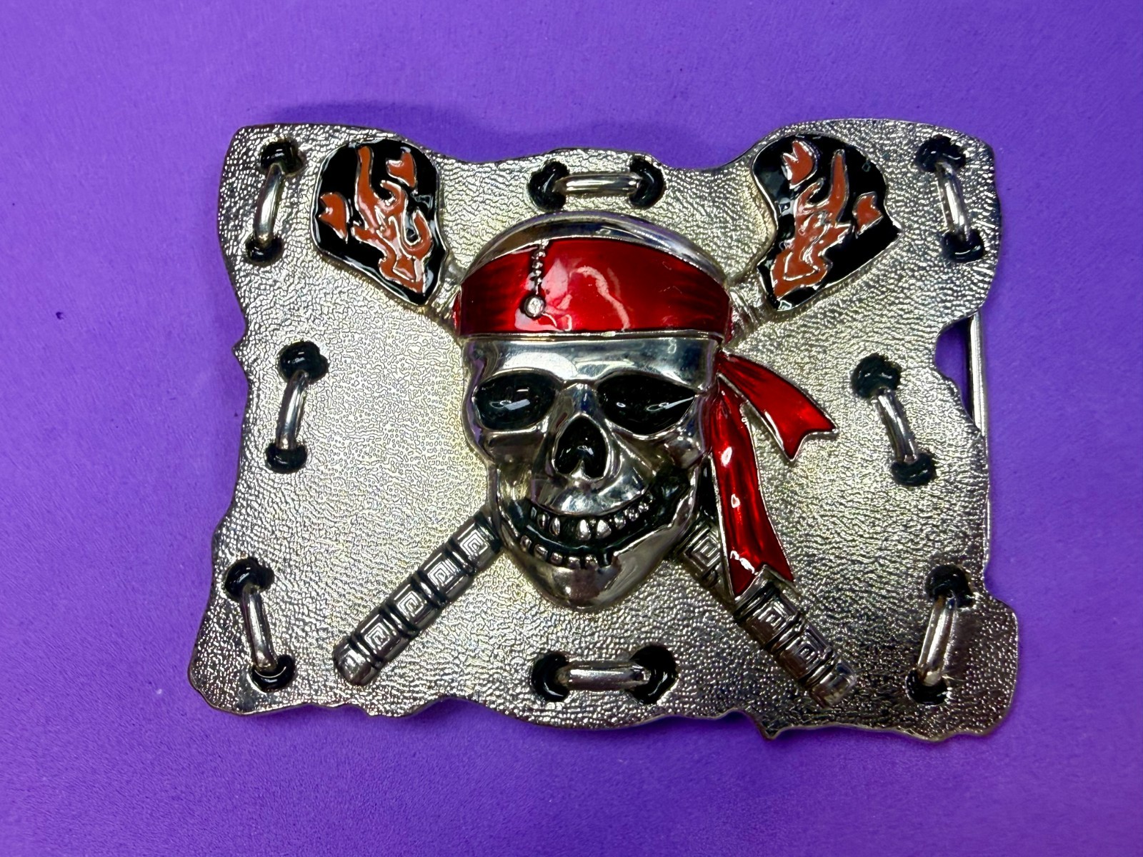 Raised Pirate Skull in Red Bandana Swords Gothic Punk Biker Vibe Belt Buckle