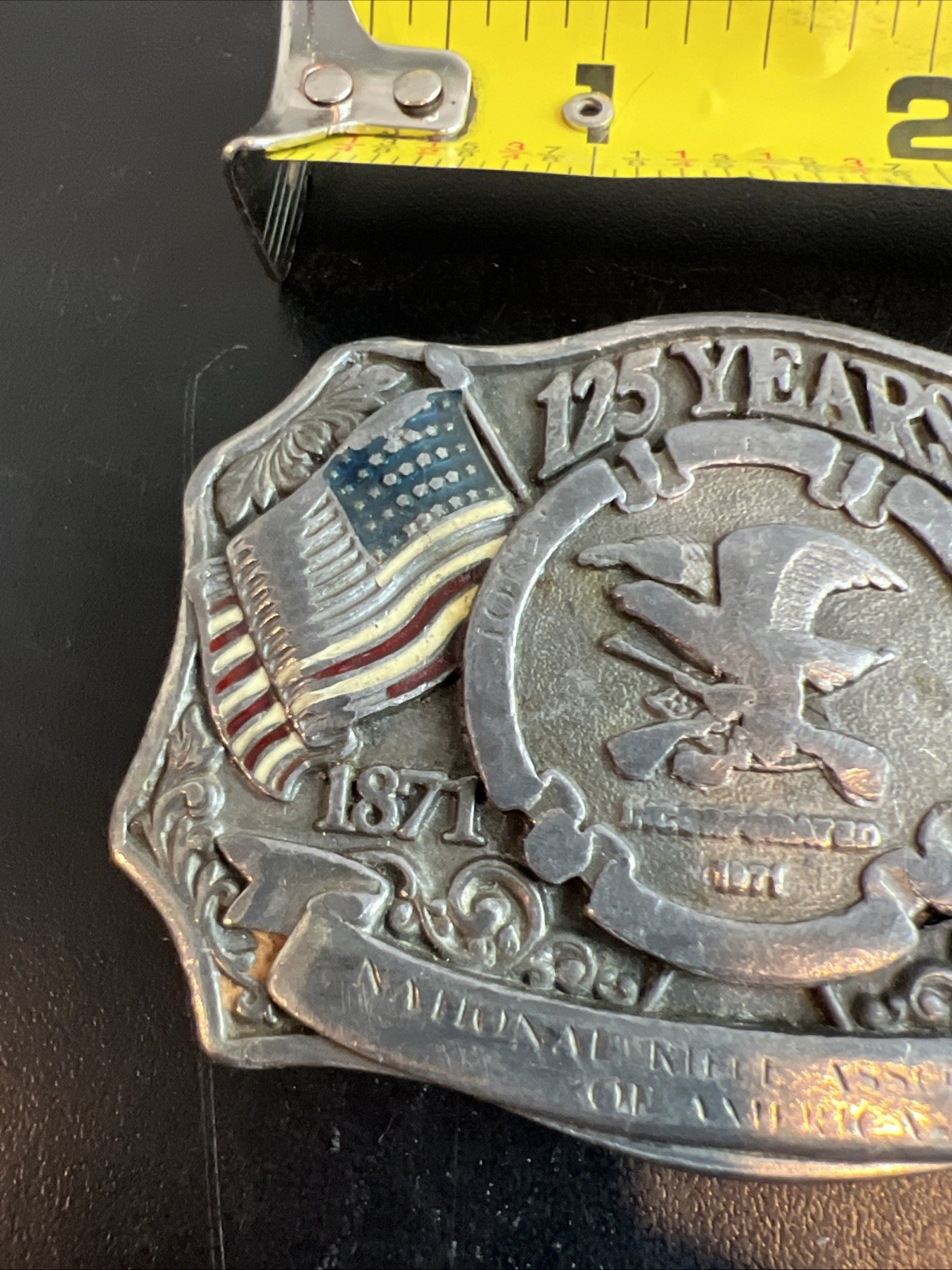 NRA Metal Belt Buckle 1871-1996 NRA 125thAnniversary American Flag