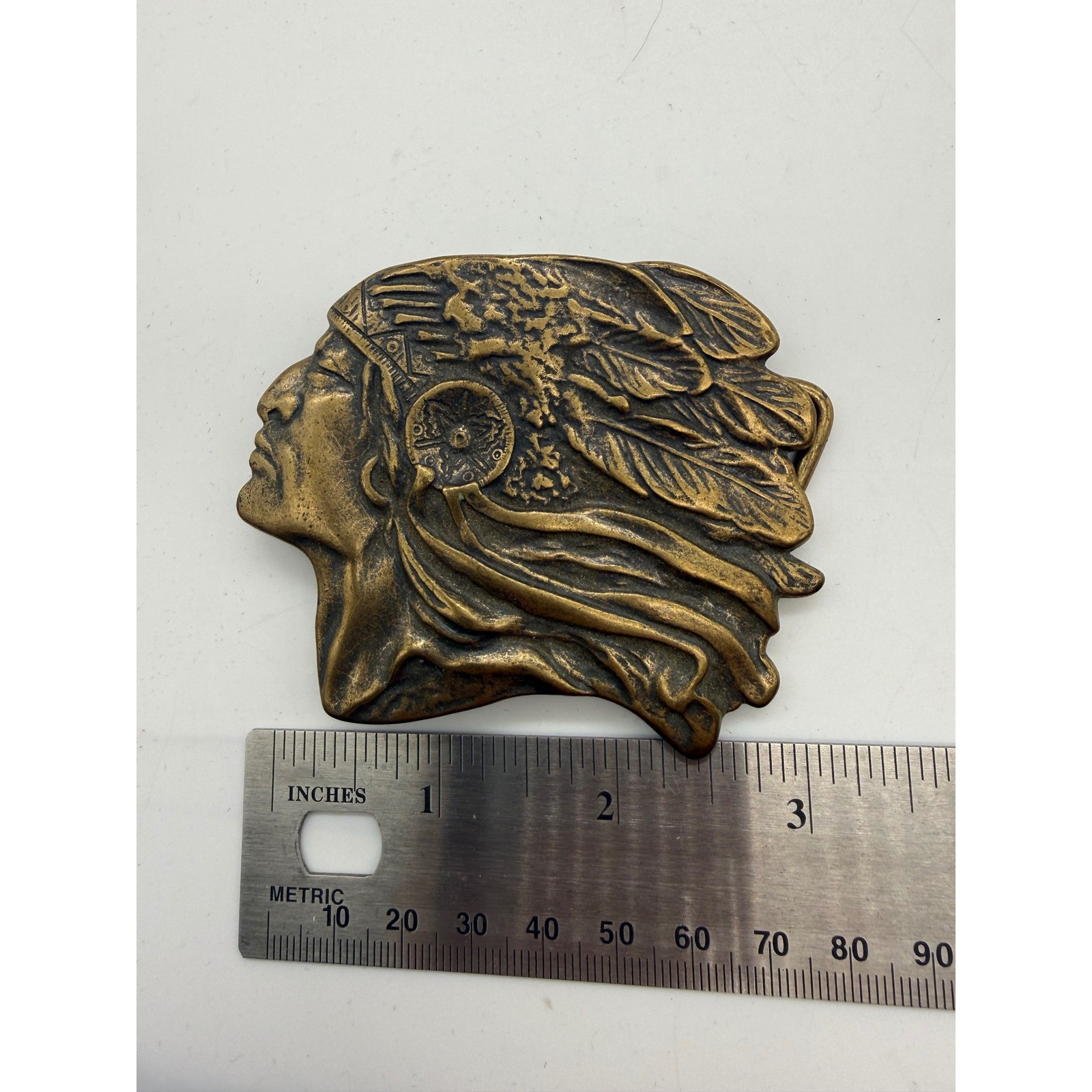 Vintage Native American Chief Heavy Belt Buckle Solid Brass Western Headdress