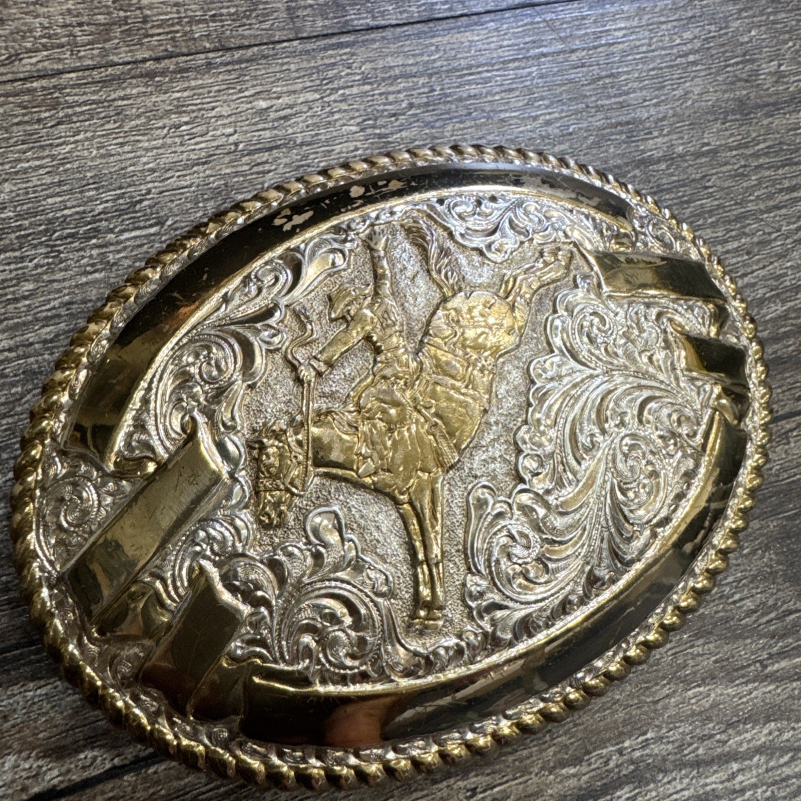 Crumrine Western Bronze Belt Buckle Gold Tone Bucking Horse made in USA