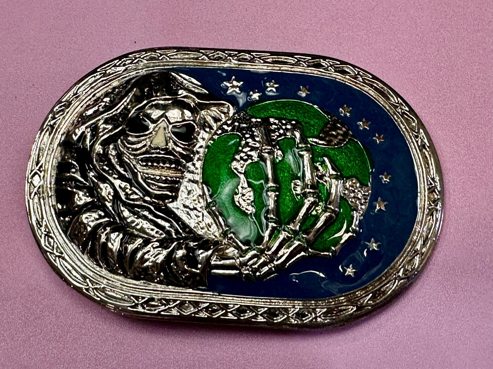 Skull Face Holding The Earth Grim Reaper Silver Green Gothic Biker Belt Buckle