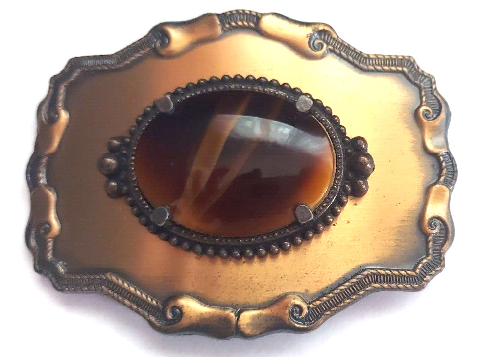 Women/ Men Copper Tone Western Style Belt Buckle w/ Faux Tigers Eye Center