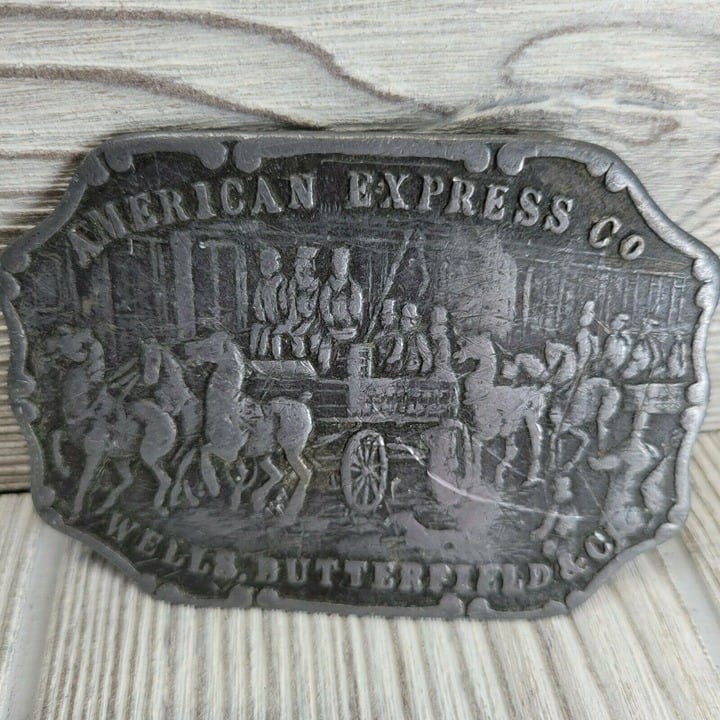 American Express Co Belt Buckle Mens Silver Wells Butterfield Stagecoach Rodeo