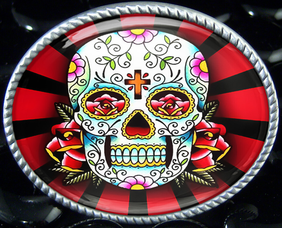 Day of the Dead Belt Buckle – Sugar Skull Rays Handmade Silver Buckle – 61