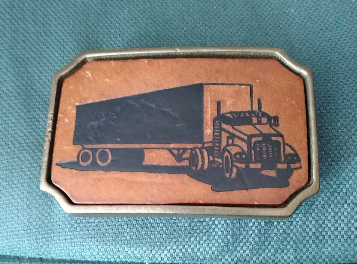 Vintage BTS Solid Cast Brass Tooled Leather Semi Truck Belt Buckle Tan Black