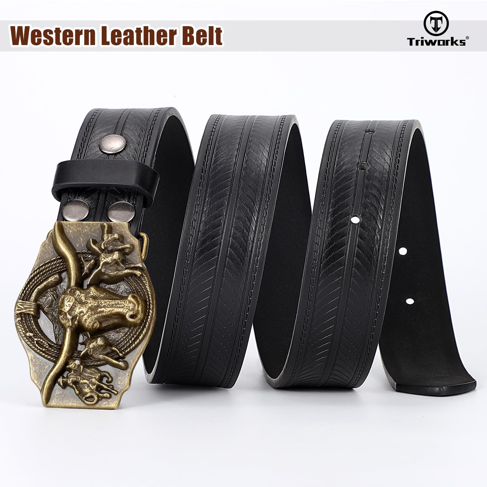 TRIWORKS Western Cowboy Leather Belt for Men Women Fit Size 42&Prime;-46&Prime;, Black