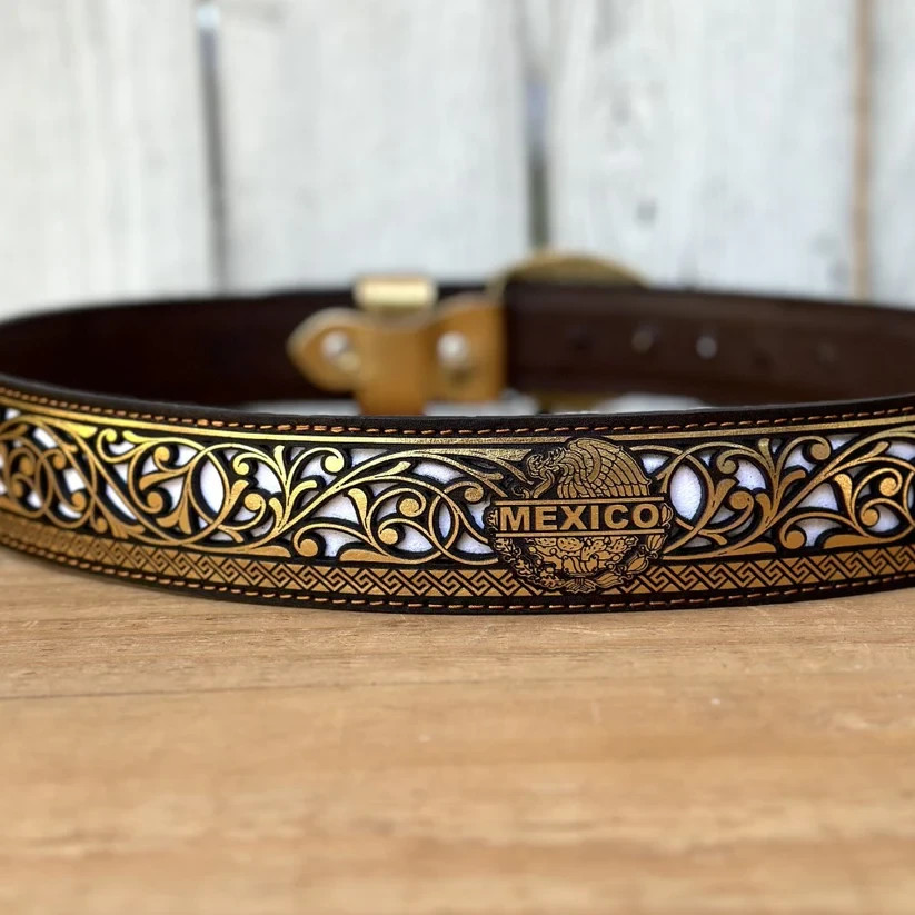 Genuine Laser Cut Leather Mexico Western Belt with Removable Buckle – Gold