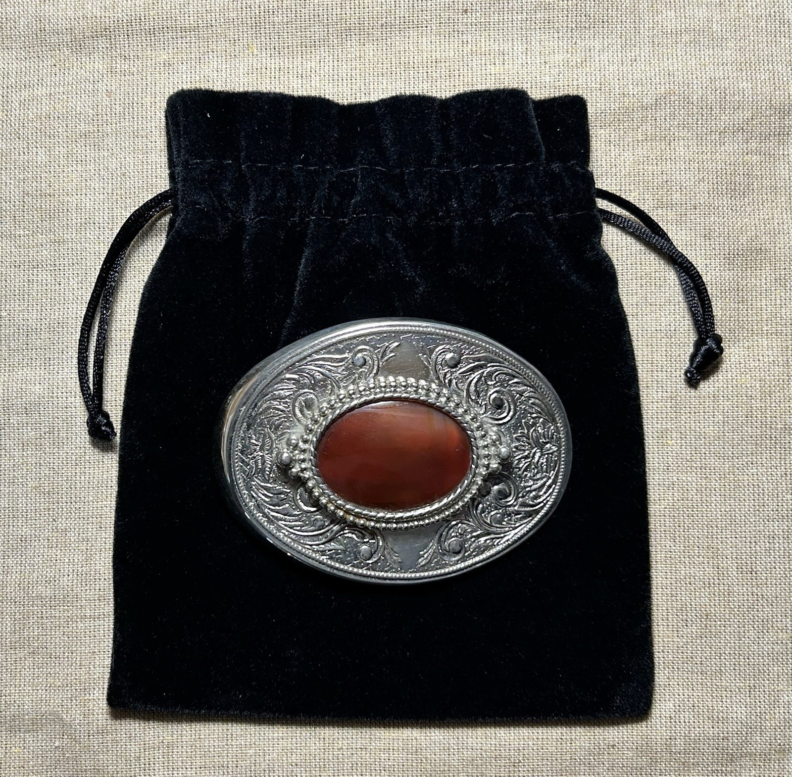Vintage Style Western Silver Tone Belt Buckle Red Cabochon Stone Engraved Oval