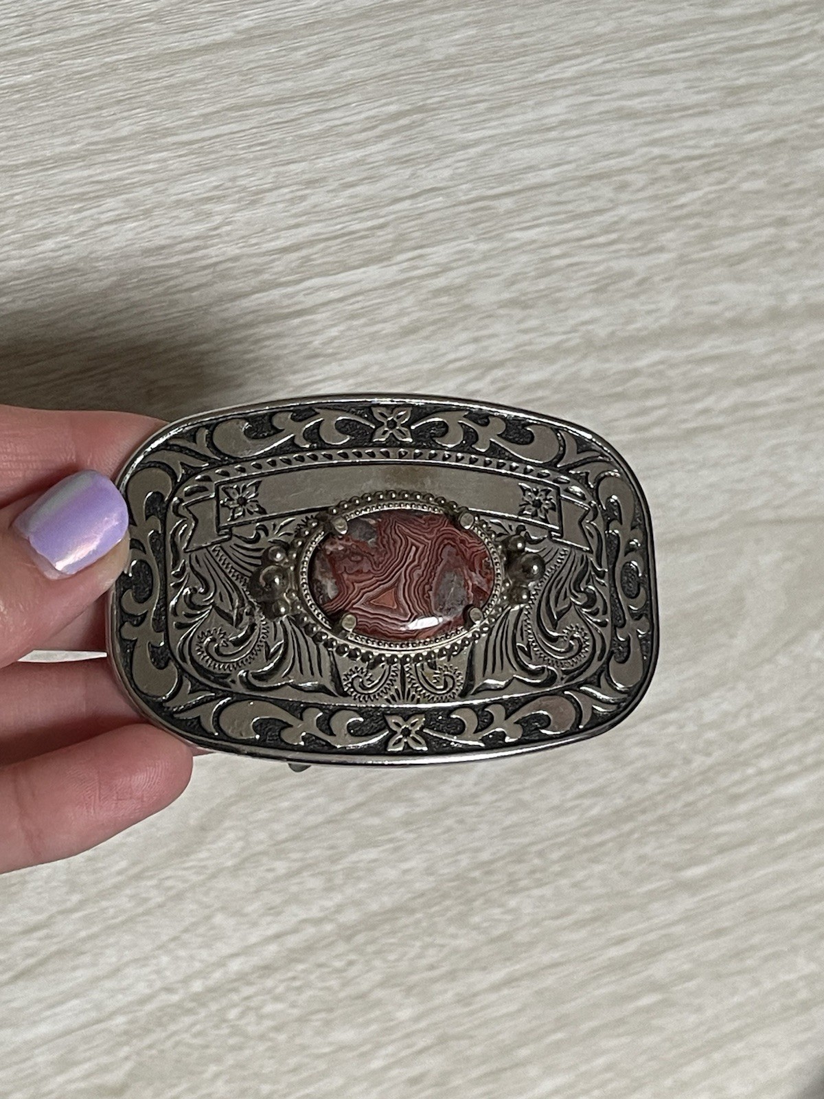 VTG Western Country Silver Tone Rhodochrosite Stone Belt Buckle 3.25&Prime; x 2&Prime;