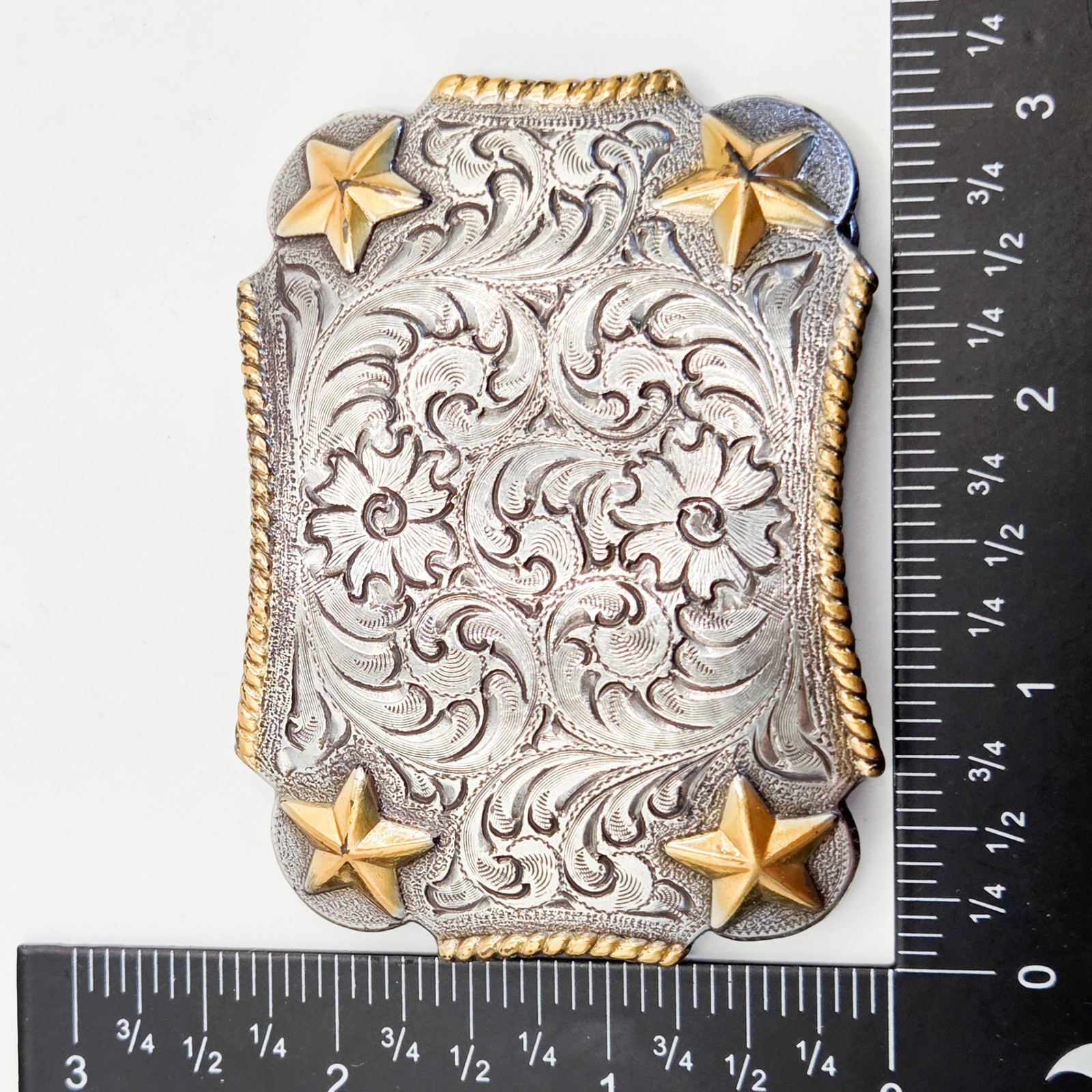 Vintage Western Belt Buckle Silver Gold Tone Floral Engraved Stars Rope Edge