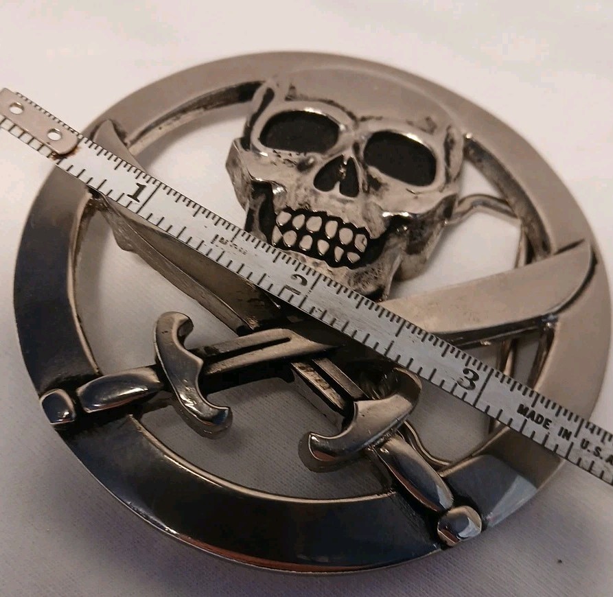 Vintage Silver Star Skull and Swords Belt Buckle Made in USA Jolly Roger Metal