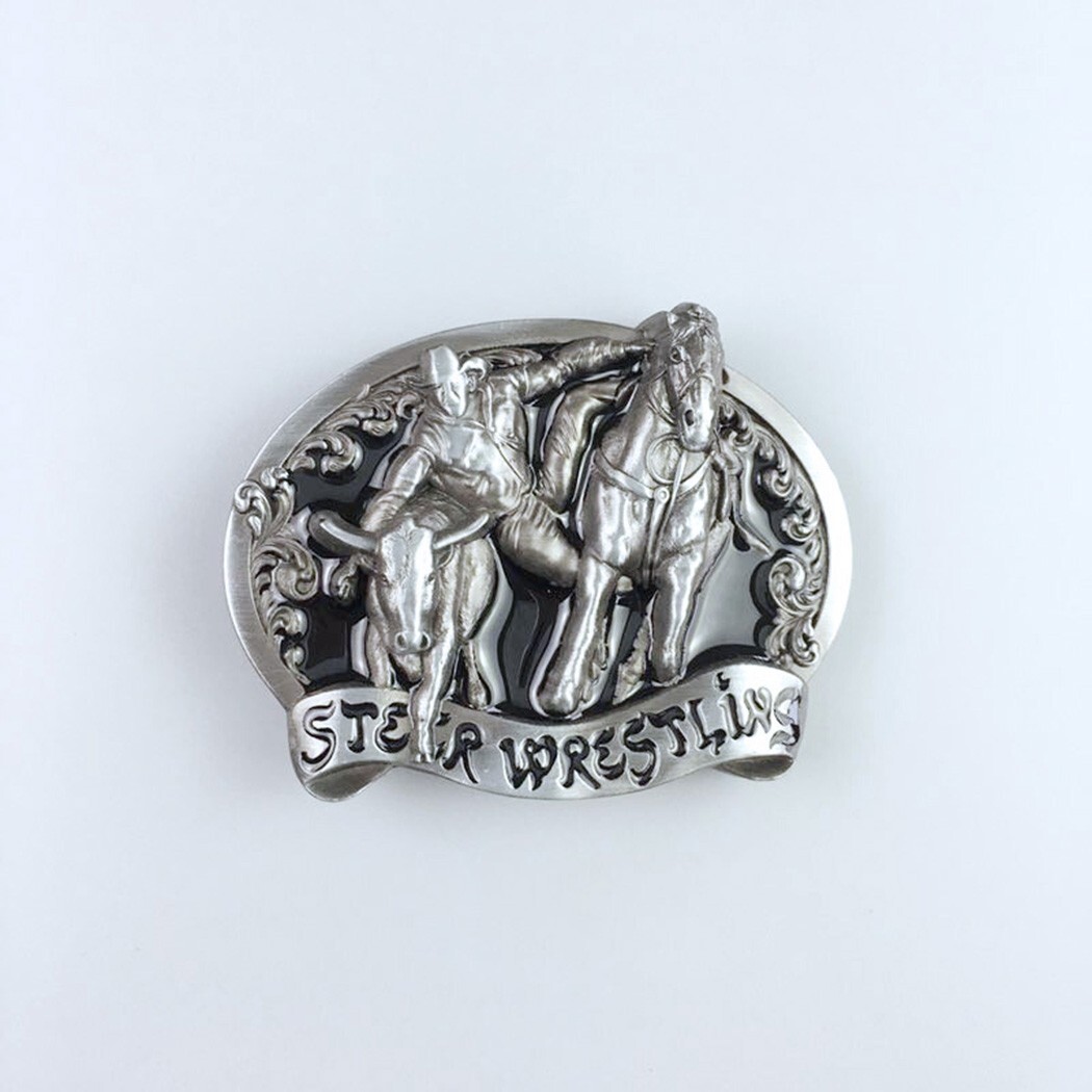 Black Enamel Rodeo Steer Wrestling Western Belt Buckle Boucle de Ceinture