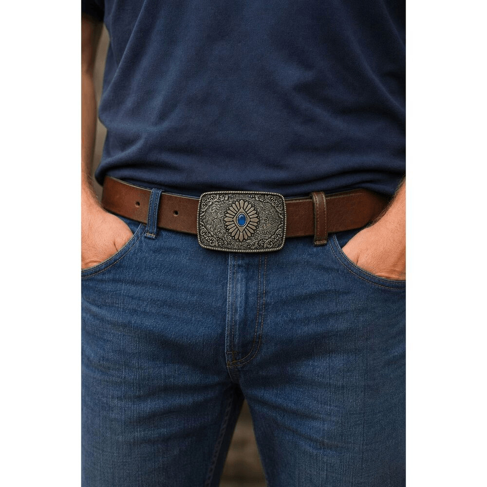 Western Antique Brass Tone Concho Buckle with Turquoise Accent