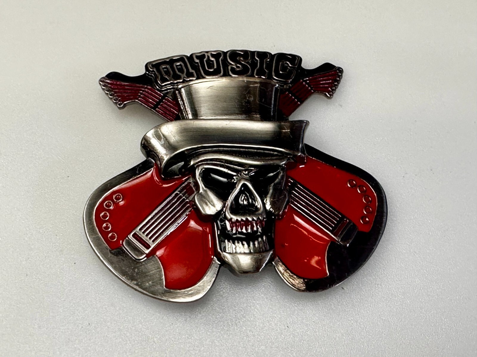 MUSIC Skull in Fedora Hat Crossed Electric Guitars Musician Rockstar Belt Buckle