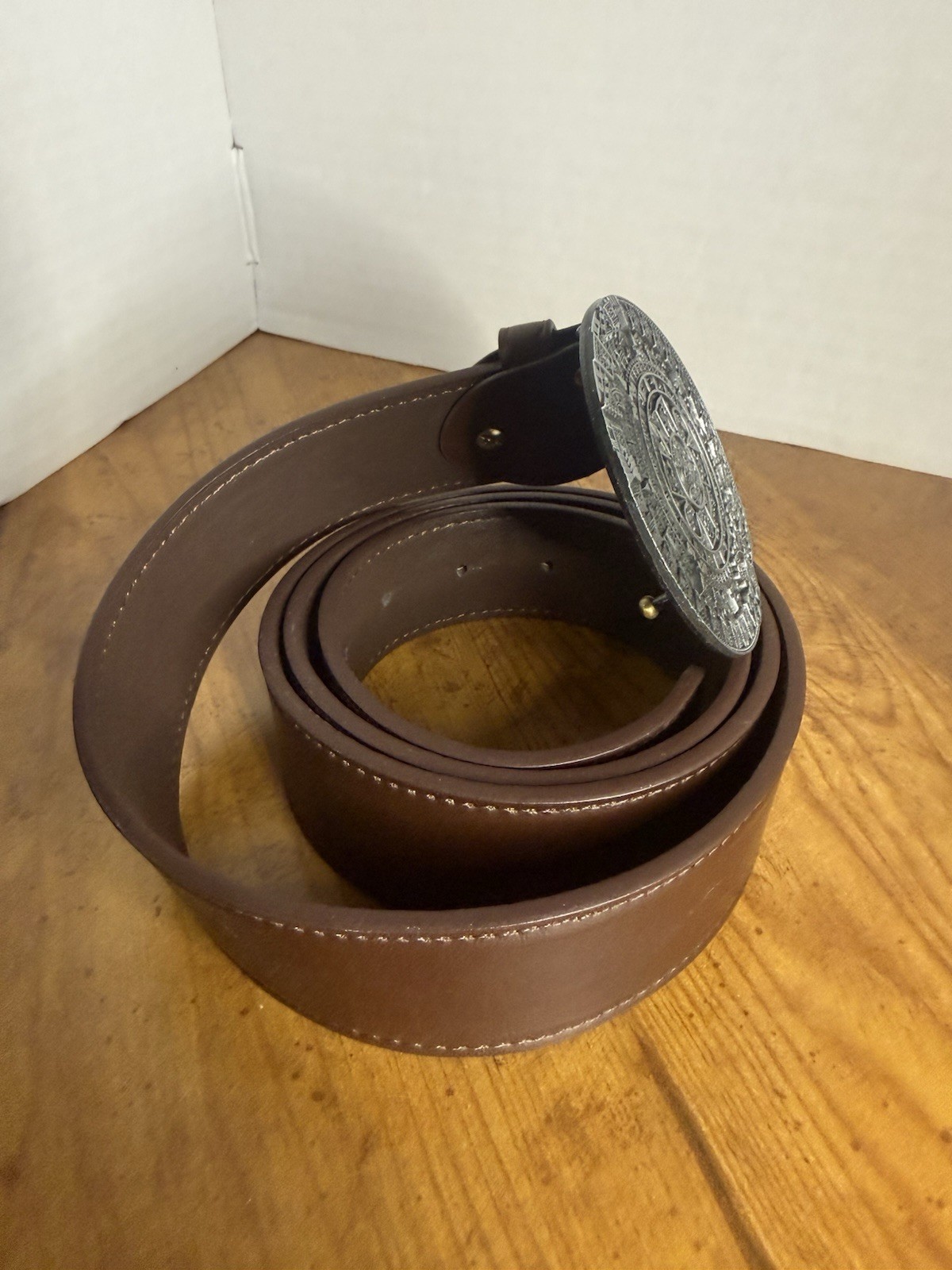 Silver Plated Aztec Calendar Belt Buckle And Brown Belt 51in Long