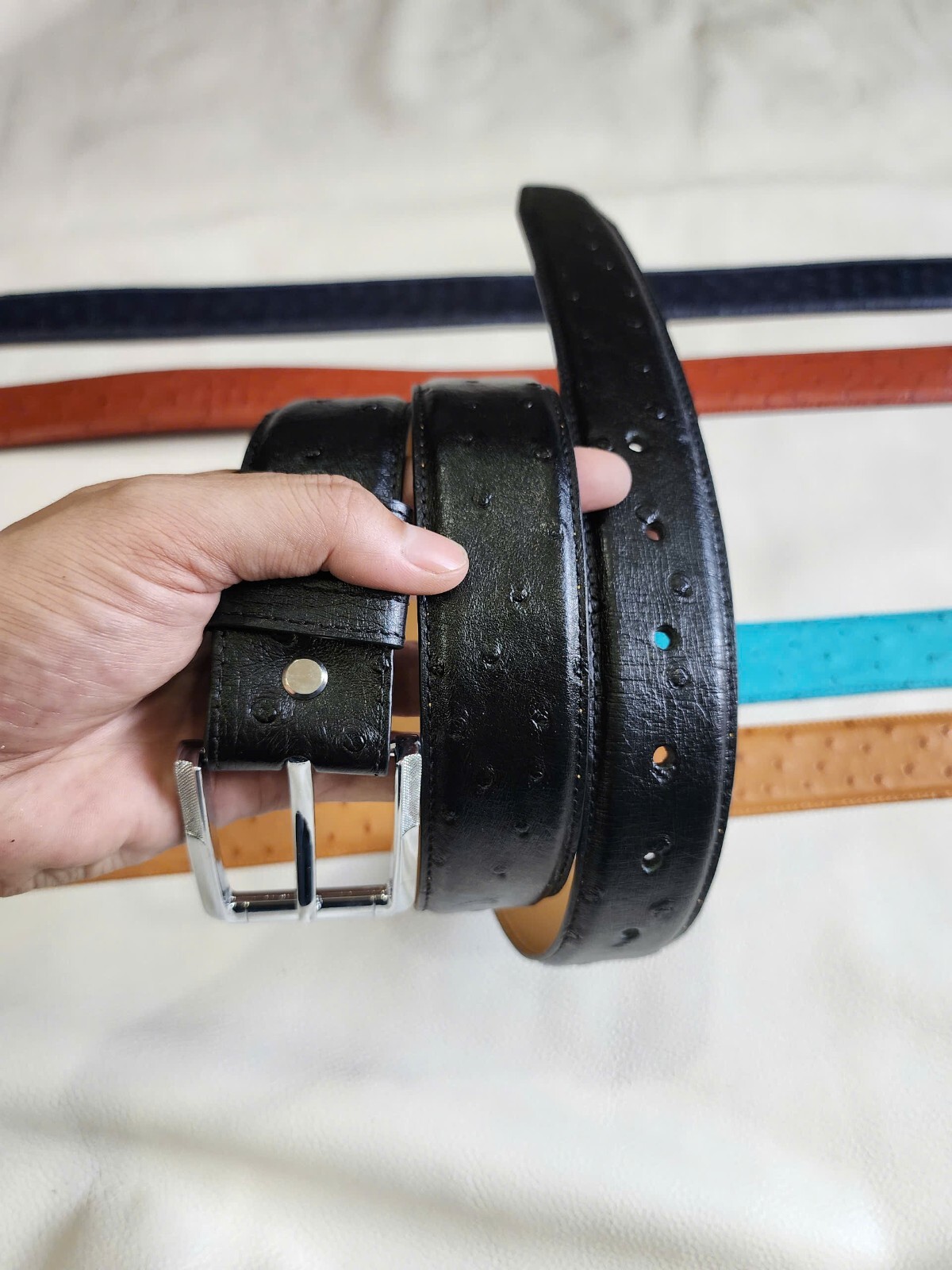3.8CM Black 100% Genuine Body Ostrich Leather Skin Mens Belt Buckle- Handmade