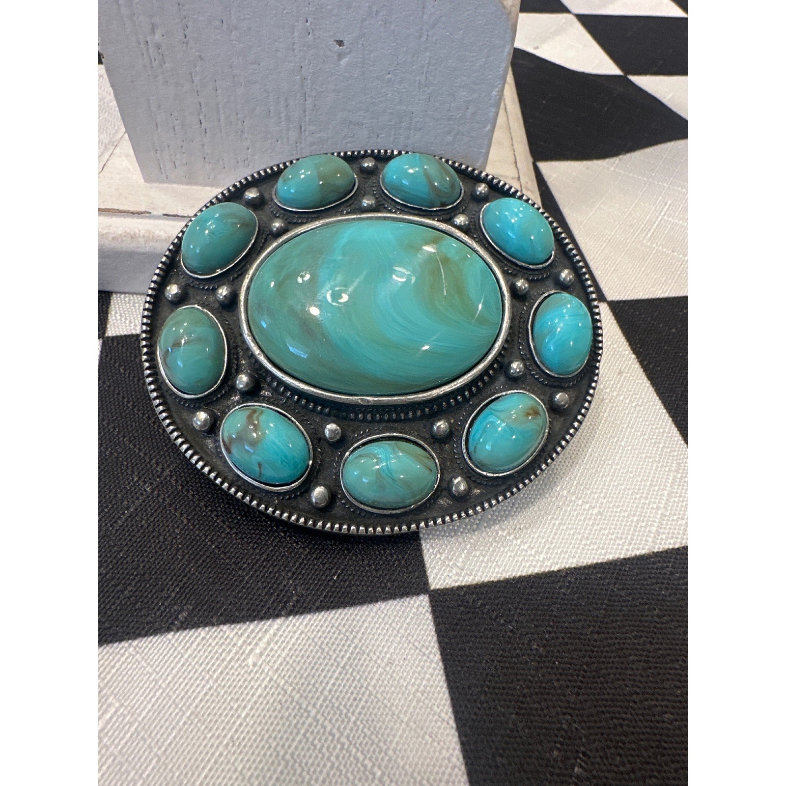 Vintage Western Faux Turquoise Silver Tone Oval Belt Buckle cowboy Boho