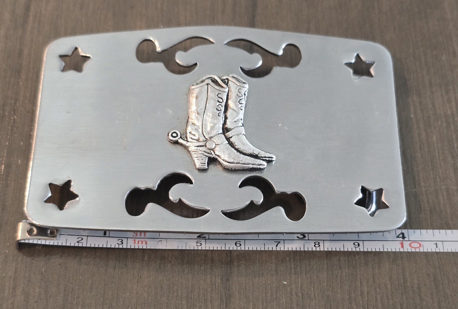 Vintage Silver Tone Cowboy Boots Spurs Belt Buckle With Cutout Pattern & Stars